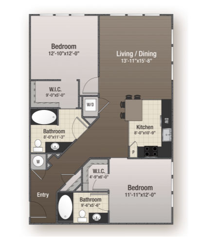 Floor plan for 2 beds, 2 baths, 1052 sqft